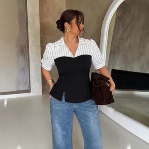 Women Plus Size Striped Patchwork Short Sleeve Top Slim Fit Shirt Collar Fake Two Piece Blouse Casual Office Lady Shirt