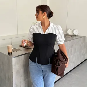 Elegant women's striped patchwork short sleeve top with a black corset style bodice