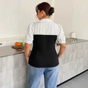 Elegant black and white striped patchwork short sleeve top for women summer wear