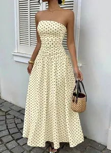 Elegant strapless polka dot A-line maxi dress with cinched waist for summer fashion
