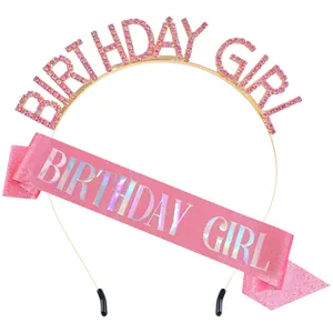 Sparkling pink rhinestone Birthday Girl tiara and glitter sash set for party decorations