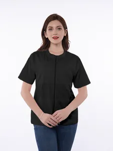 Front view of black mastectomy recovery shirt with front zipper and drain pockets