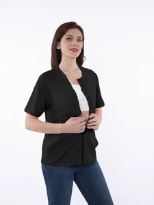 Detailed view of women's post-mastectomy shirt with full zipper and drainage pockets