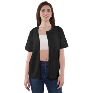 Detail view of a black short-sleeve zip-up mastectomy shirt for women's post-surgery recovery.