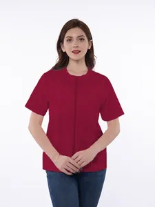 Front view of red post-mastectomy shirt featuring a full zipper and drainage pockets.