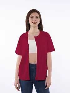 Red short sleeve post-mastectomy recovery shirt with front zipper and drainage pockets