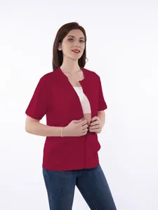 Detailed view of red post-mastectomy recovery shirt with front zipper on female model