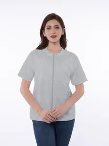 Detailed front view of grey short-sleeve post-mastectomy recovery shirt with full zip