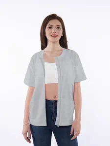 Gray short-sleeve post-mastectomy zip-up shirt with drain pockets for women's recovery