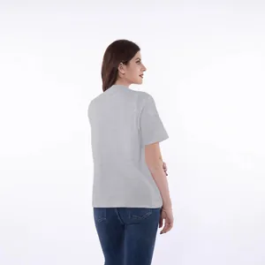 Back view of a comfortable gray short sleeve mastectomy recovery shirt for women