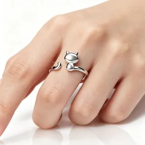 Cute S925 sterling silver cat open ring for women, stylish animal finger jewelry