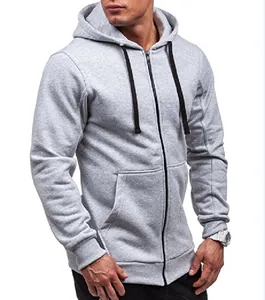 Classic men's casual zip-up hoodie in light gray featuring black drawstrings and hood detail.