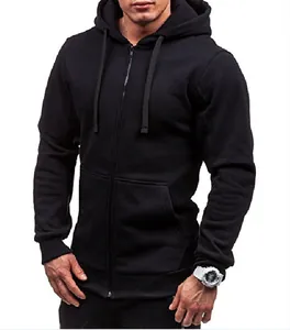 Detailed view of a classic black men's zip-up hoodie with pockets and drawstrings