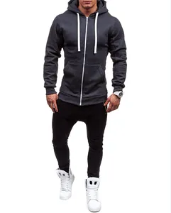 Frontal full view of men's slim fit zip-up hoodie in dark grey featuring white drawstrings