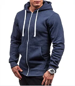 Detailed close-up of dark blue men's zip-up hoodie with white drawstring and pocket