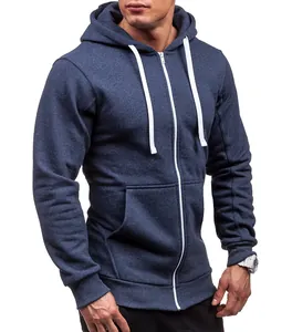 Men's navy blue zip-up hoodie sweatshirt featuring white drawstrings and pockets