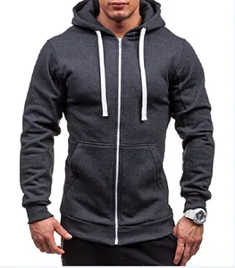 Men's casual dark grey slim fit zip-up hoodie jacket with white drawstrings and pockets