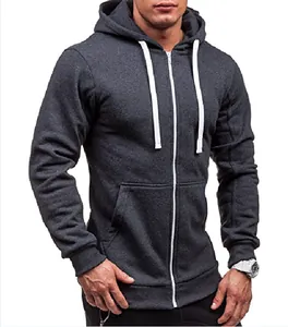 Front view detail of a charcoal grey men's zip-up hoodie with white drawstrings