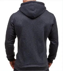 Detailed back view of a men's dark grey zip-up hooded sweatshirt with soft texture