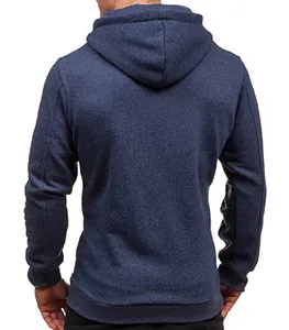 Rear view of a men's dark blue solid color zip-up hooded sweatshirt with fleece texture