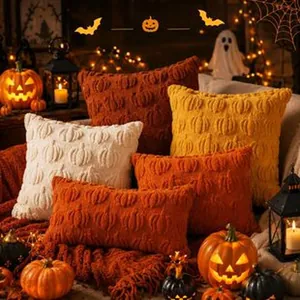 Detailed view of textured pumpkin pattern Halloween decorative pillow covers in autumn colors