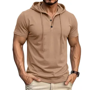 T-Shirt Henley Décontracté à Manches Courtes Pour Hommes Avec Capuche Mélange Coton Polyester Respirant Slim Fit Sport