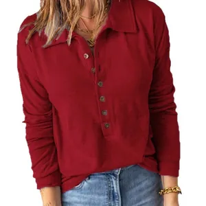 Casual maroon ribbed long-sleeved polo shirt for women with collar and buttons