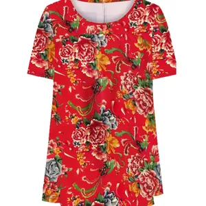 Túnica roja de talla grande para mujer con manga corta y estampado floral aves