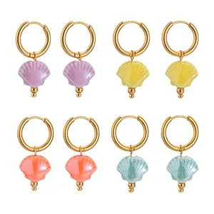 Colorful ocean style ceramic shell hoop earrings with gold-plated stainless steel