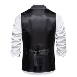 Detailed back view of a men's vintage black suit vest featuring an adjustable buckle strap