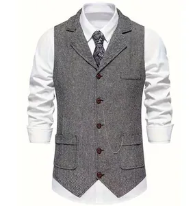 Detailed close-up of a men's gray herringbone tweed vest with lapels and five buttons