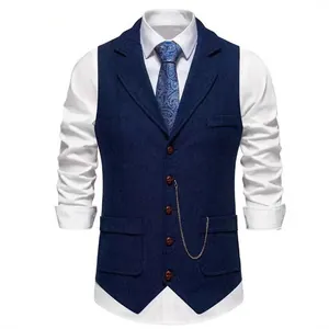 Men's vintage navy blue herringbone waistcoat with lapel collar and gold chain detail