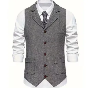 Men's retro grey herringbone tweed waistcoat with lapel collar and decorative chain