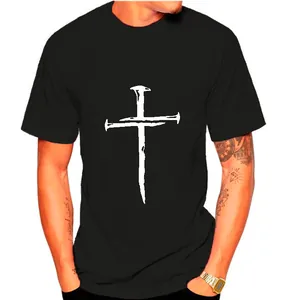 Close-up detail of a black cotton T-shirt featuring a white nail cross graphic print