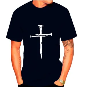 Close-up of black men's t-shirt featuring a unique white cross nail print design