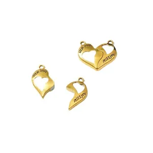 Golden magnetic split-heart charm for couple necklaces with Love you and miss you text