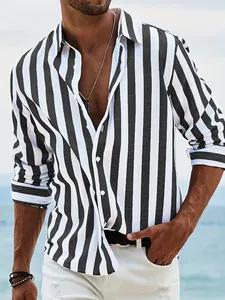 Men's slim-fit long-sleeved casual shirt with classic vertical black and white stripes