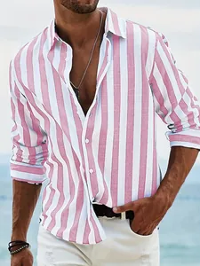 Men's slim-fit long-sleeved casual shirt featuring stylish pink and white vertical stripes