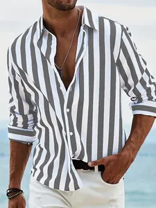 Modern men's vertical grey and white striped long sleeve slim fit casual button-down shirt