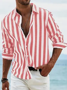 Red and white vertical striped casual slim fit long-sleeved shirt for men outdoors