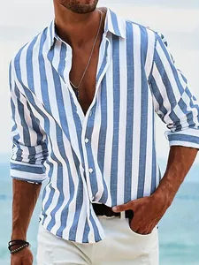 Men's blue and white striped slim fit long sleeve shirt with a classic lapel collar
