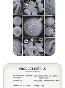 Detailed macro view of grey flocked Christmas ornament set in a gift box packaging