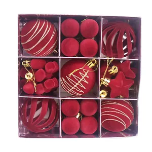 35-piece red flocked Christmas ornament set featuring various shaped balls and stars
