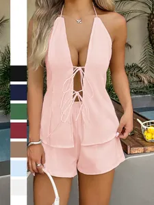 Completo Donna Top Allacciato Al Collo E Pantaloncini Poliestere Spandex Scollo A V Profondo Sexy Outfit Vacanza Mare