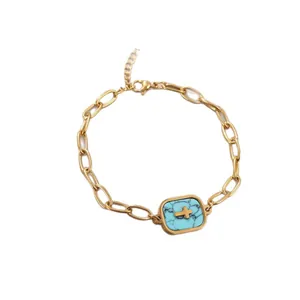 Elegante bracciale a catena in acciaio inossidabile dorato con pietra croce turchese