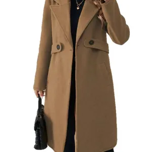 Elegante camelkleurige lange wollen jas met klassieke revers voor de herfst en winter