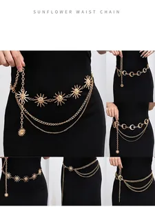 Detailed view of adjustable gold sunflower multi-layer metal waist chain belt