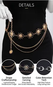 Close-up of the intricate sun motifs and the multi-layered gold metal chain design.
