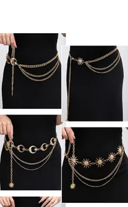 Detail view of adjustable multilayer gold metal waist chains with sun and moon designs