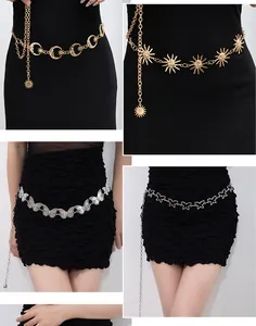 Collage of adjustable metal waist chains featuring sun, moon, and butterfly designs.